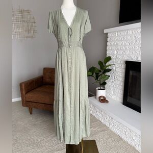 NWOT Completely In Love Sage Green Swiss Dot Button-Front Maxi Dress - M